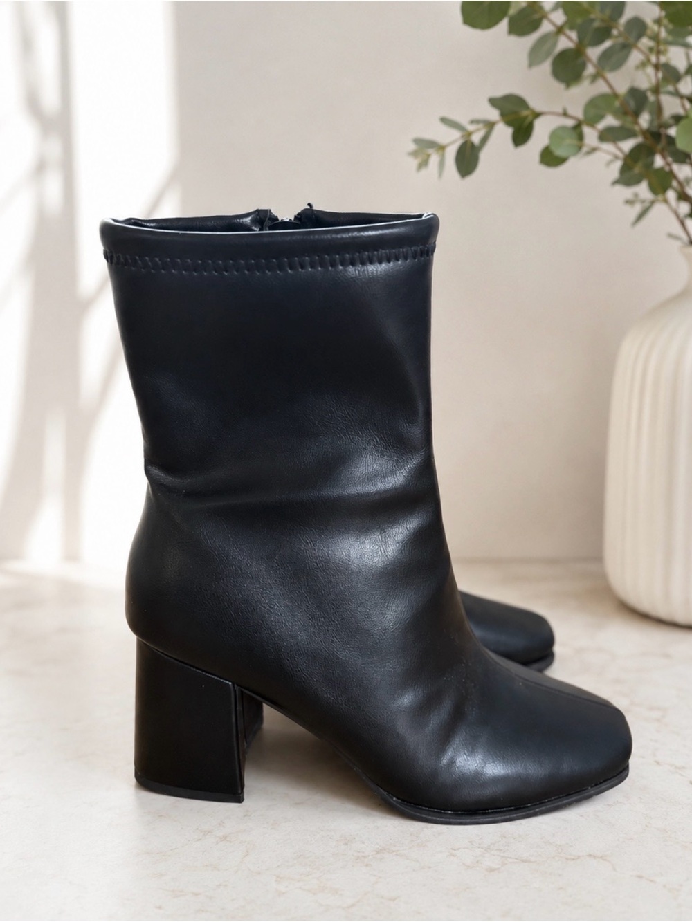Black Leather Block Heel Ankle Boots